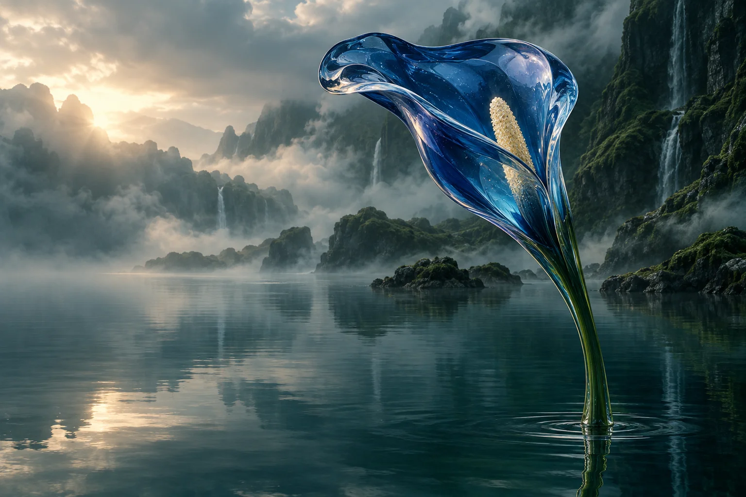 A glass flower in a cinematic landscape.